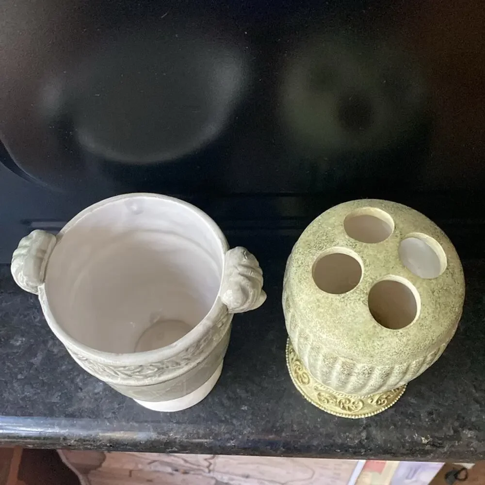 Chateau‎ gold and Sage green bathroom toothbrush holder and cup vase